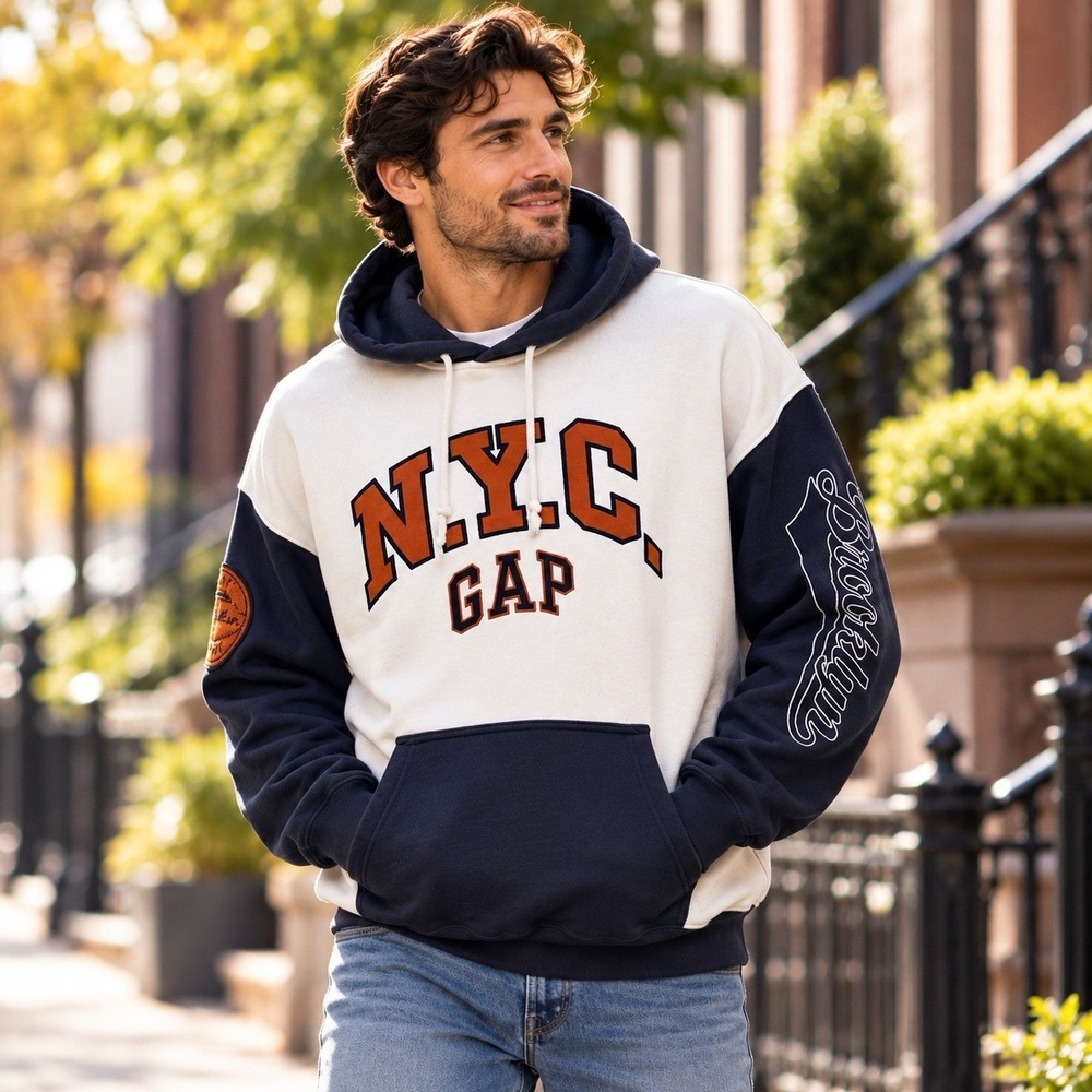 NWT Gap NYC Logo Colorblock Hoodie Men's Large Navy Cotton Blend Patch Thick
